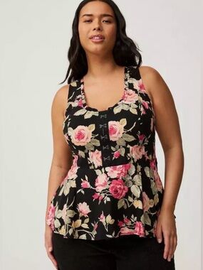NWT Torrid Babydoll Challis Corset Top Size 00 M/L Black Floral